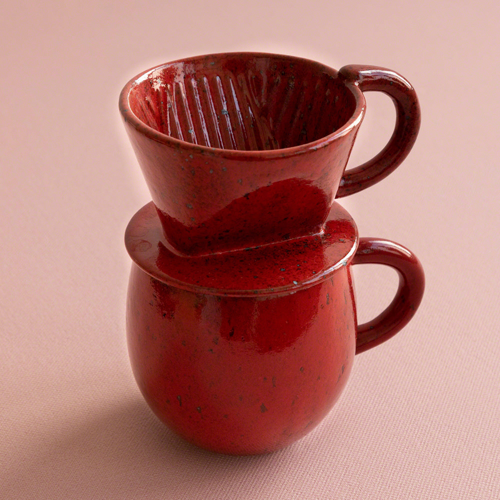 The Asayu Japan Ceramic Coffee Mug in Chrome Red with the matching ceramic coffee dripper.