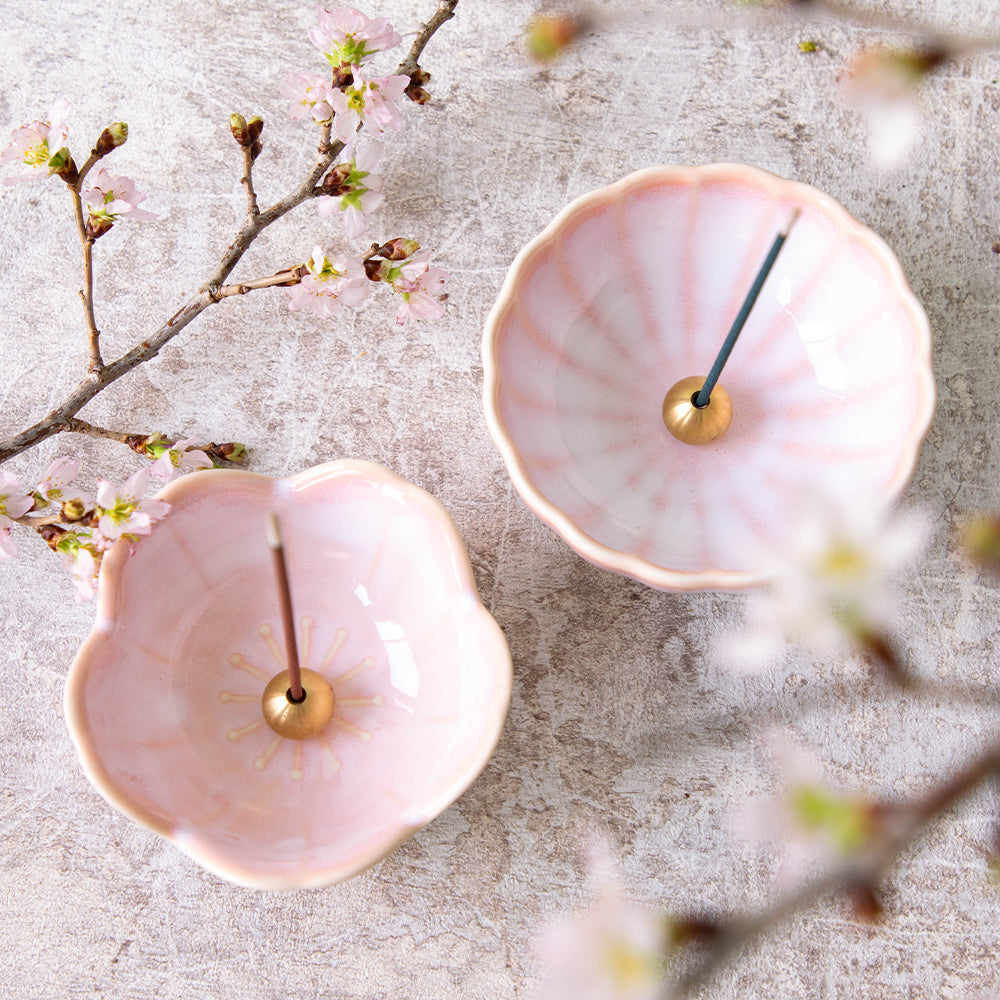 [ Free Shipping in continental US, CA, UK ] 100% Made in Japan Asayu Japan Cherry Blossom Pink Mini Sakura Lotus Incense Holder with Brass Incense Burner Stand for relaxation, meditation and yoga