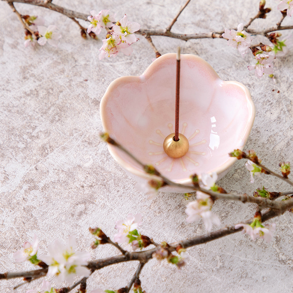 [ Free Shipping all over the continental US, CA, UK ] 100% Made in Japan Asayu Japan Cherry Blossom Pink Mini Sakura Incense Holder with Brass Incense Burner Stand for relaxation, meditation and yoga