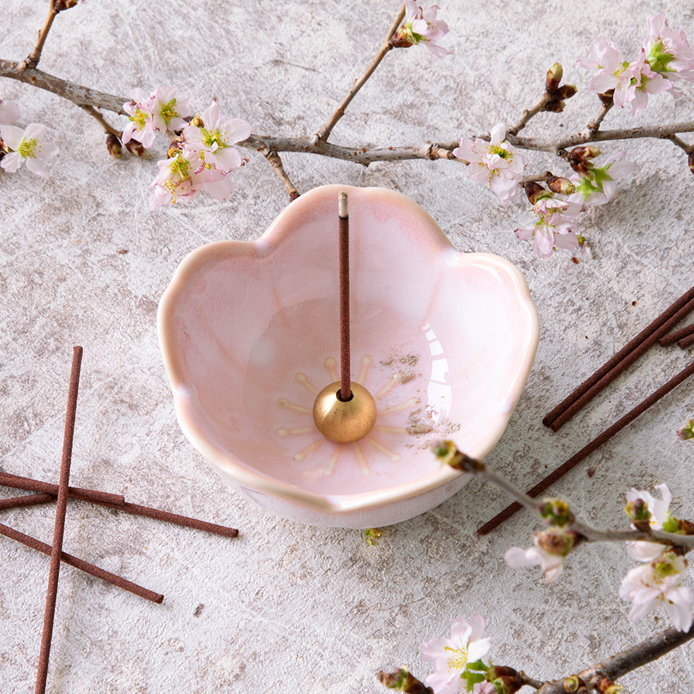 [ Free Shipping all over the continental US, CA, UK ] 100% Made in Japan Asayu Japan Cherry Blossom Pink Mini Sakura Incense Holder with Brass Incense Burner Stand for relaxation, meditation and yoga