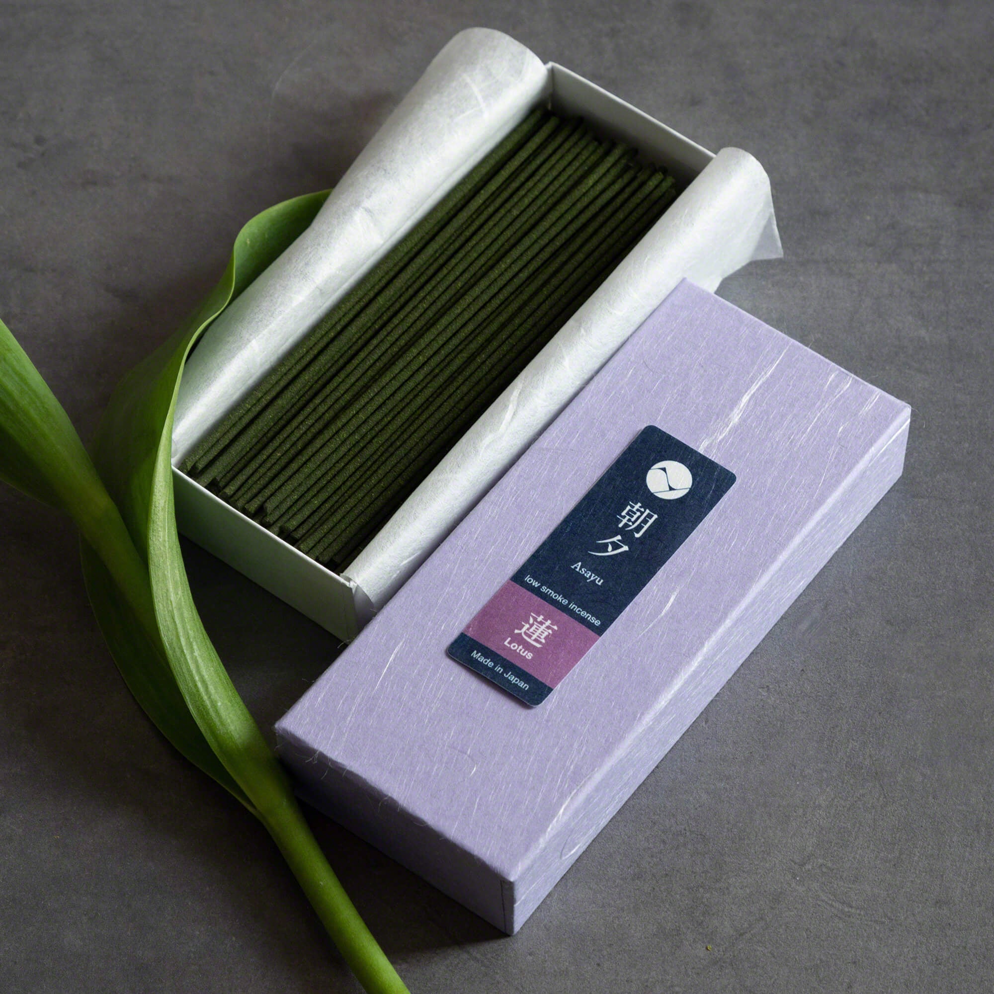 Asayu Japan Lotus Low Smoke Incense Sticks open box with lotus flower