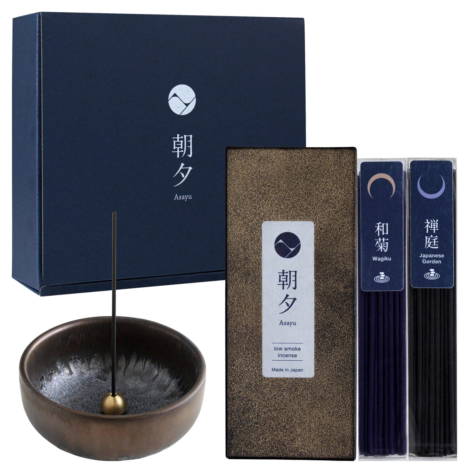 Zen incense set with Zen ceramic incenseholder in front of the blue gift box