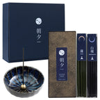 Dark Navy lotus incense holder with Yoga incense sticks set in front of the blue gift box