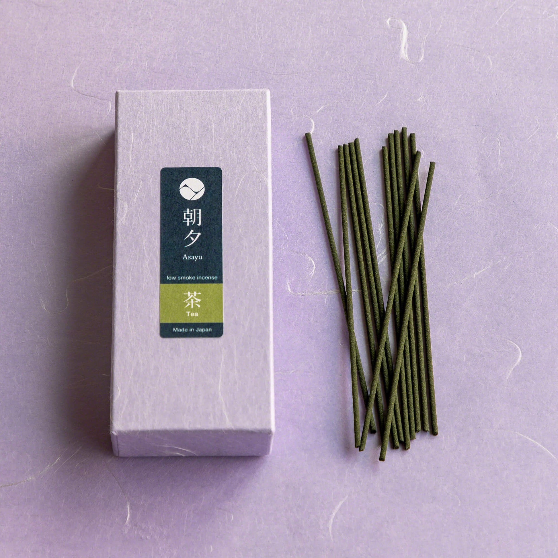 Box of Asayu Japan Matcha Green Tea Low Smoke incense with sticks outside