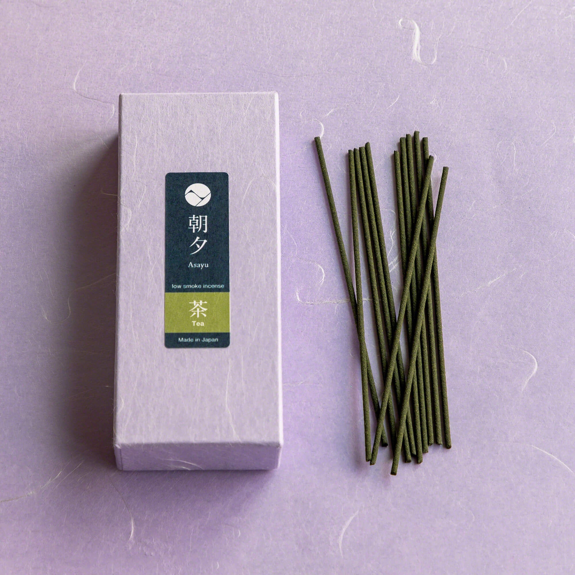 Box of Asayu Japan Matcha Green Tea Low Smoke incense with sticks outside