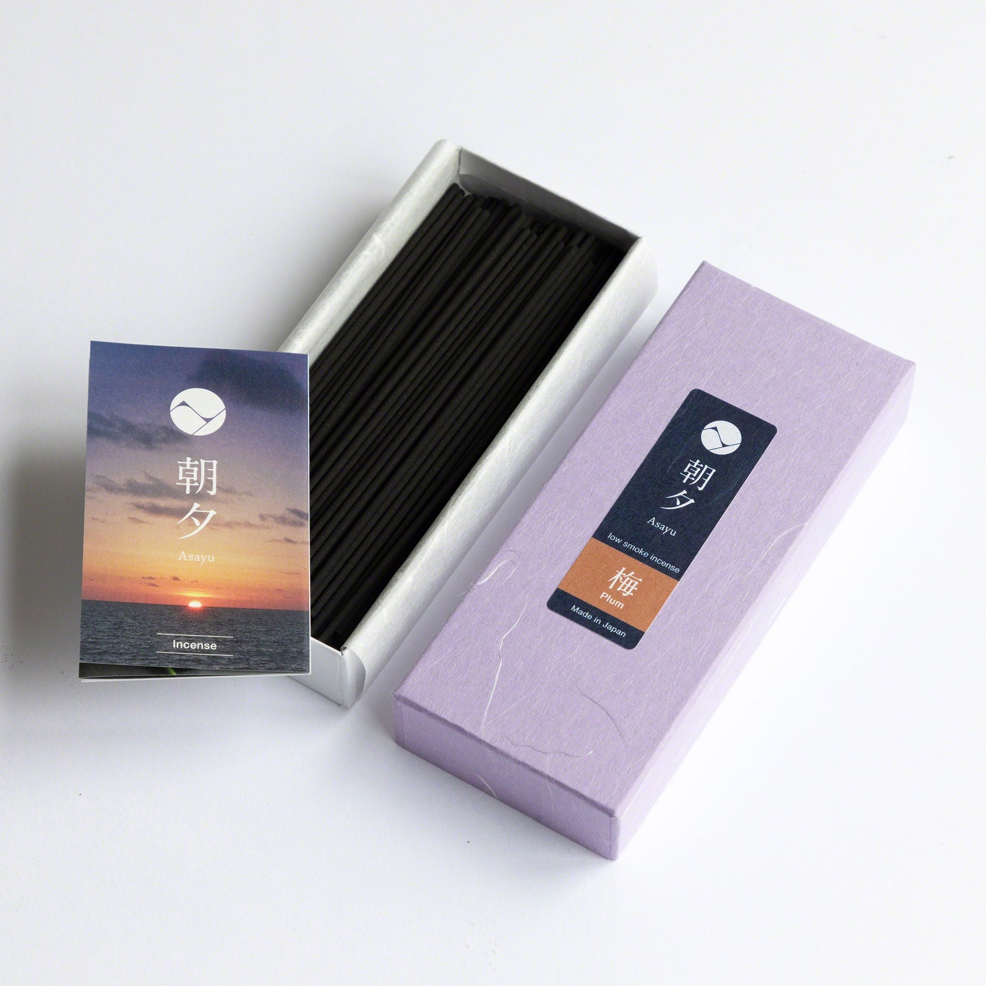 Asayu Japan Plum Blossom Low Smoke Incense Sticks box with mini catalogue
