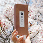 hand holding the sakura incense set in front os cherry blossom flowers