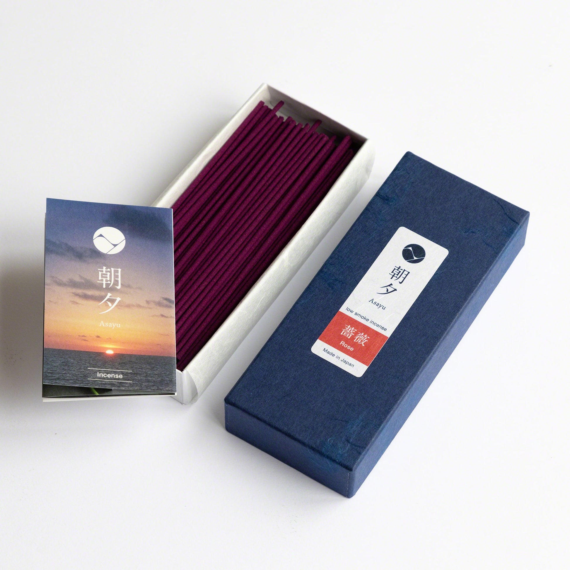 Asayu Japan Rose Low Smoke Incense Sticks box with mini catalogue