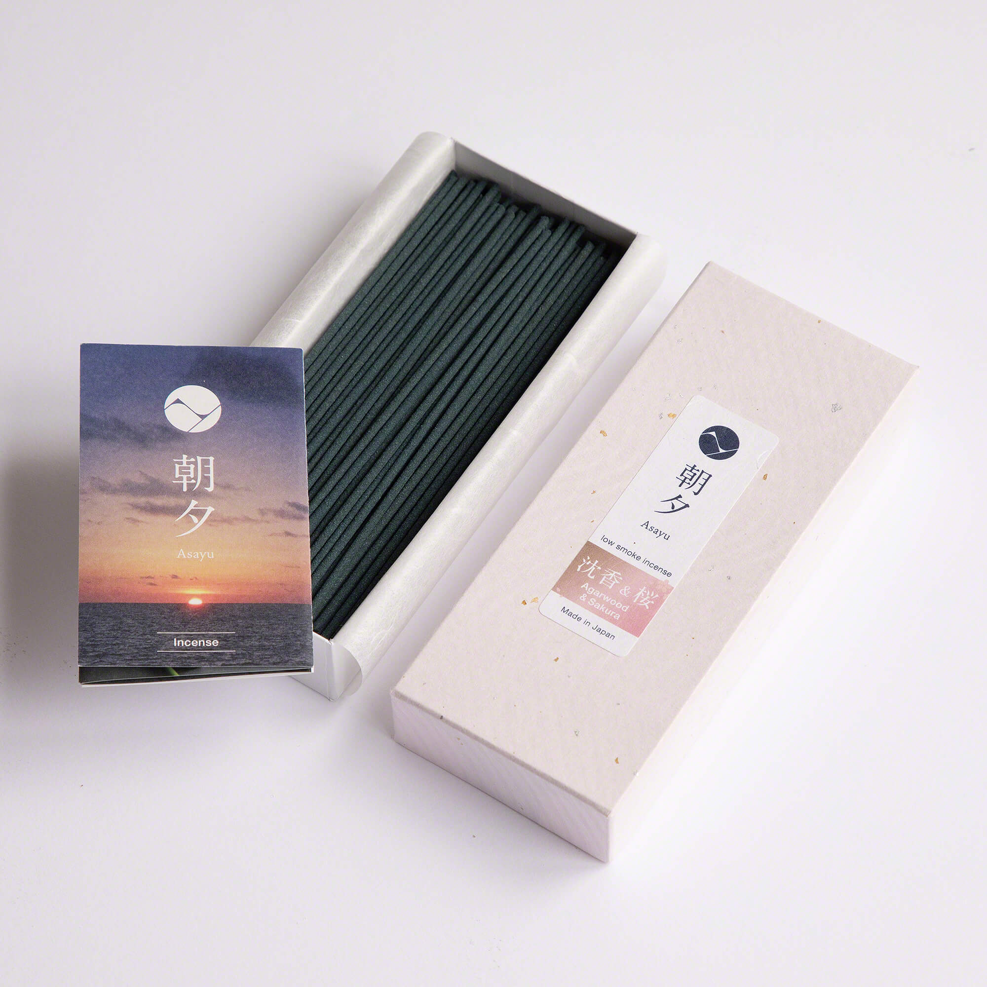 Asayu Japan Premium Sakura Cherry Blossom and Agarwood Blend Low Smoke Incense Sticks box with mini catalogue