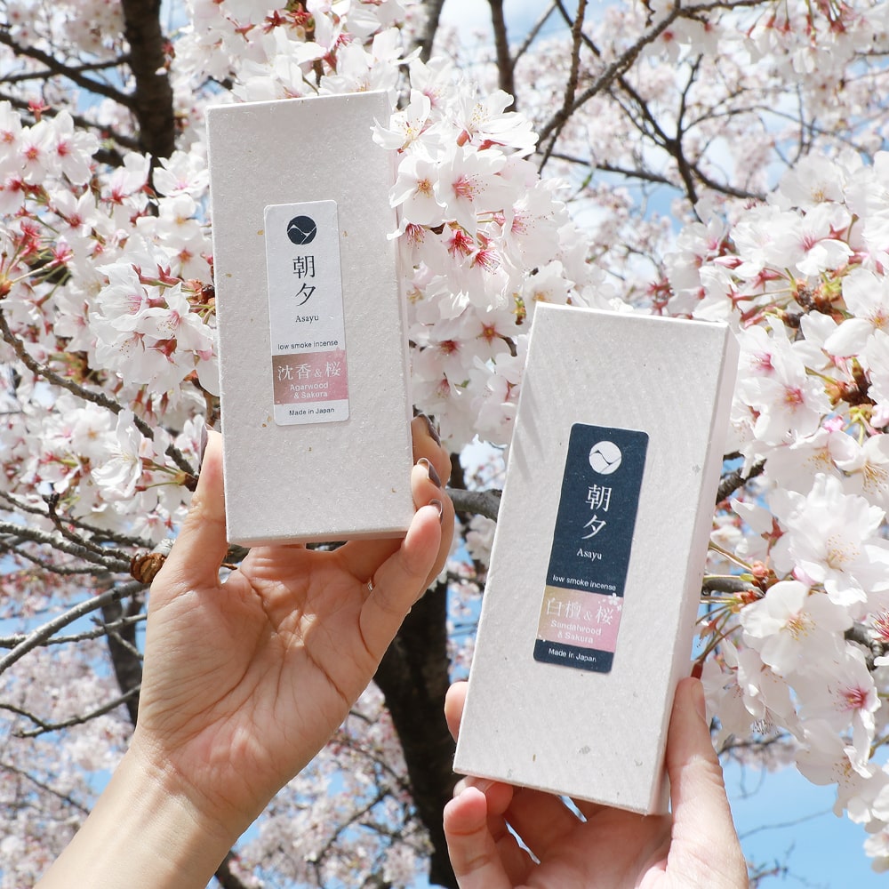 Two hands holding up a box of Premium Sakura Cherry Blossom and Agarwood and a box of Premium Sakura Cherry Blossom and Sandalwood Incense Sticks by Asayu Japan