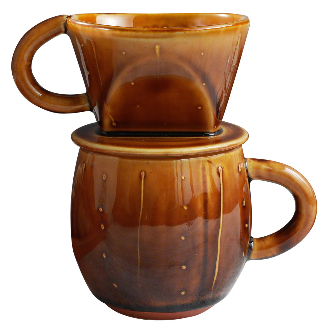 Asayu Japan Ceramic Coffee Pour Over Maker Set in Caramel, Slow Brewing Paper Filter Holder and Dripper with 3 Holes for Coffee and Tea