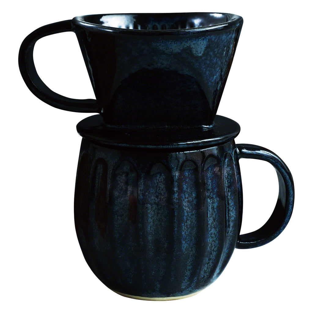 Asayu Japan Ceramic Coffee Pour Over Maker Set in Dark Navy Blue, Slow Brewing Paper Filter Holder and Dripper with 3 Holes for Coffee and Tea - Complete 2PCS Set