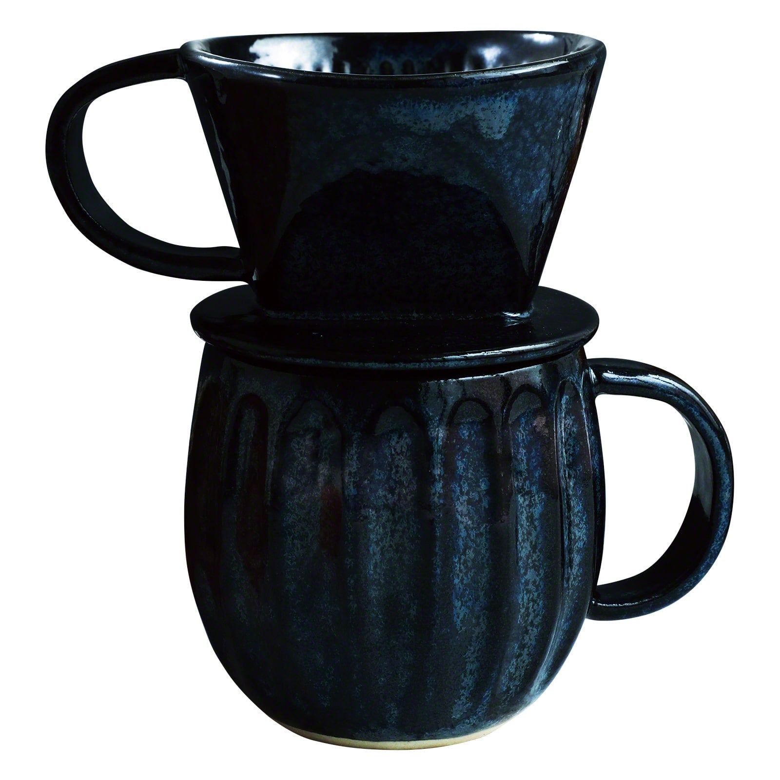 Asayu Japan Ceramic Coffee Pour Over Maker Set in Dark Navy Blue, Slow Brewing Paper Filter Holder and Dripper with 3 Holes for Coffee and Tea - Complete 2PCS Set