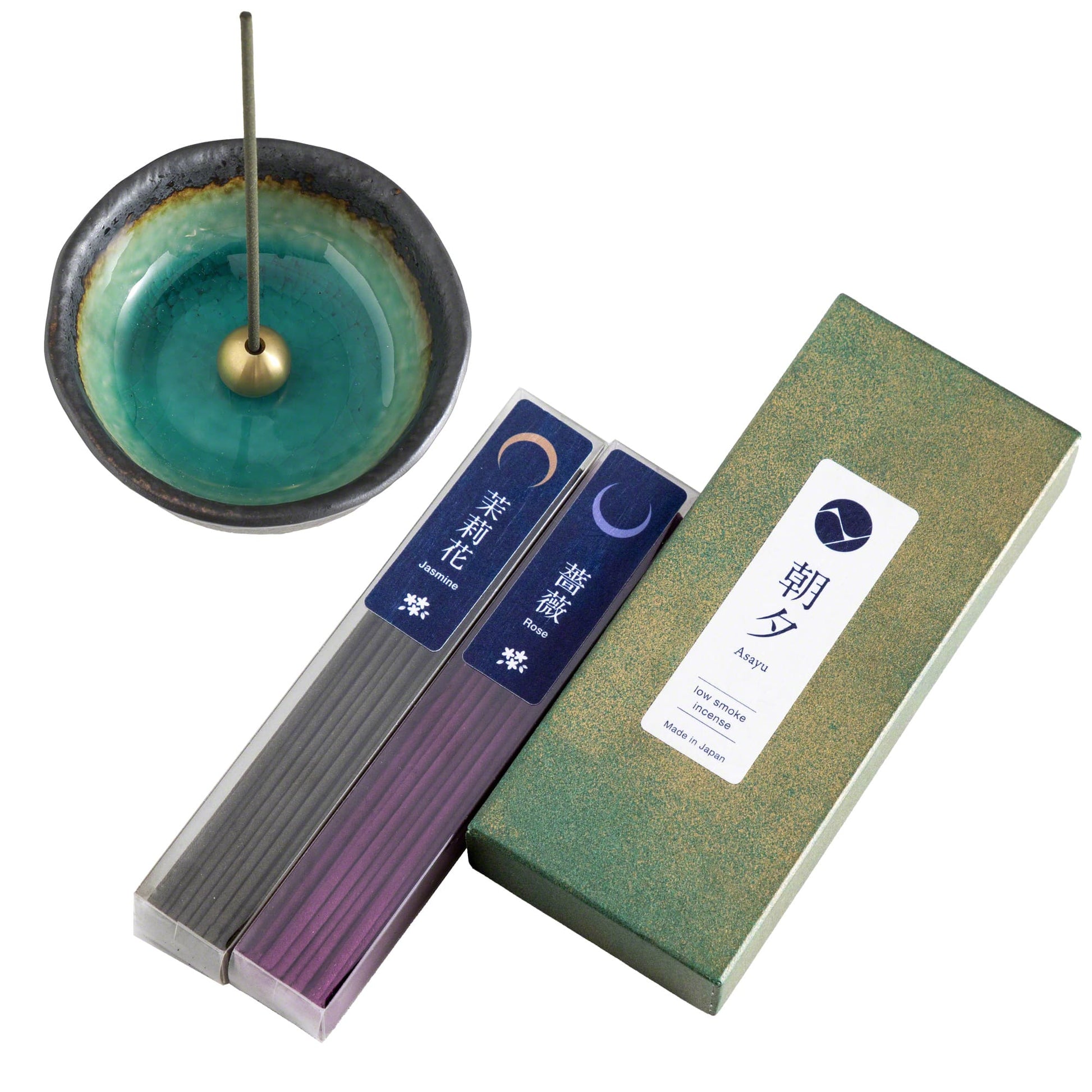 [ Free Shipping all over the US ]  100% Made in Japan Low Smoke Incense Gift Set  [ Floral Set (Jasmine & Rose)  + Mini Nature Aquamarine Incense Holder ] || Low Smoke Japanese Incense Sticks || Incense holder and burner stand || Incense for Yoga and Meditation