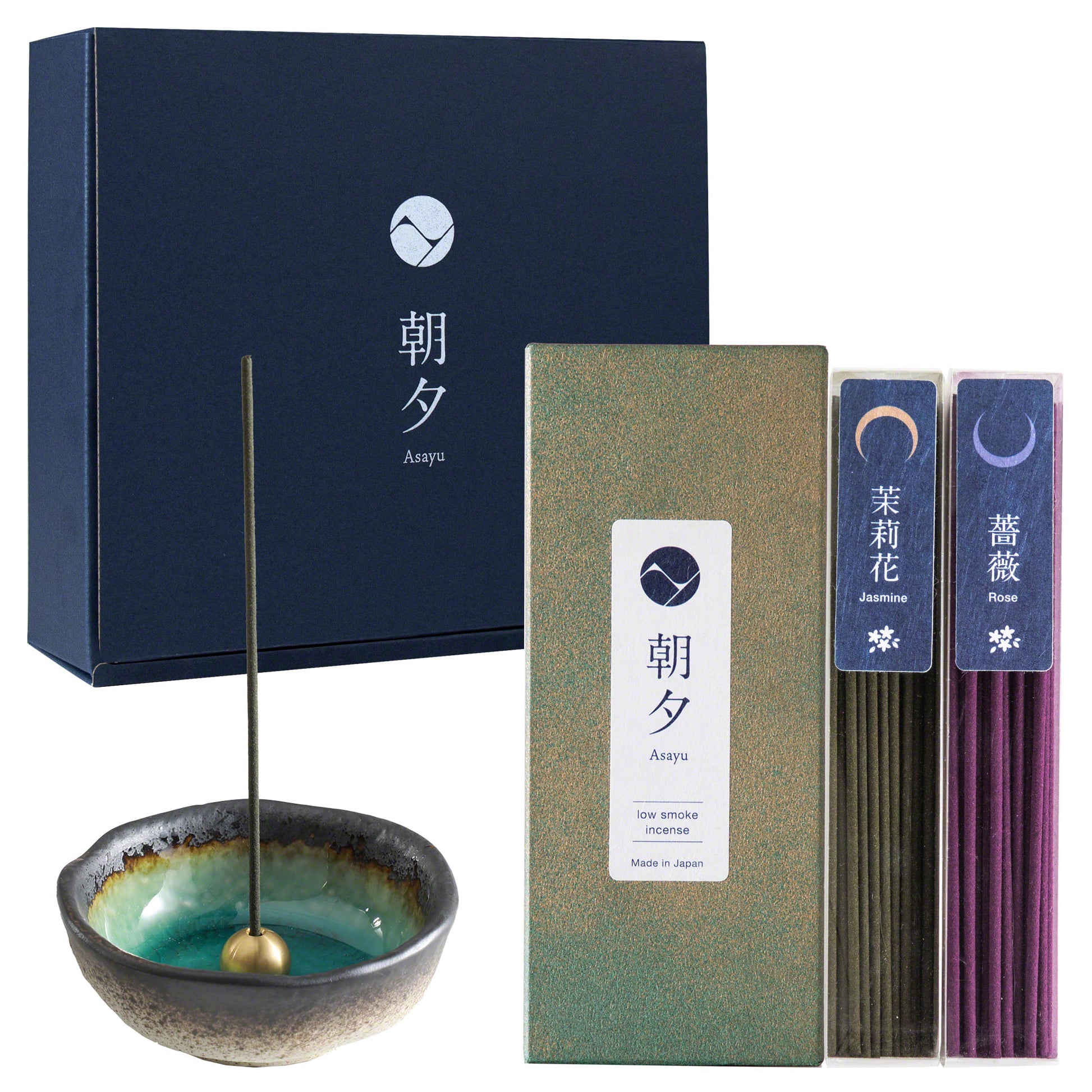 [ Free Shipping all over the US ]  100% Made in Japan Low Smoke Incense Gift Set  [ Floral Set (Jasmine & Rose)  + Mini Nature Aquamarine Incense Holder ] || Low Smoke Japanese Incense Sticks || Incense holder and burner stand || Incense for Yoga and Meditation