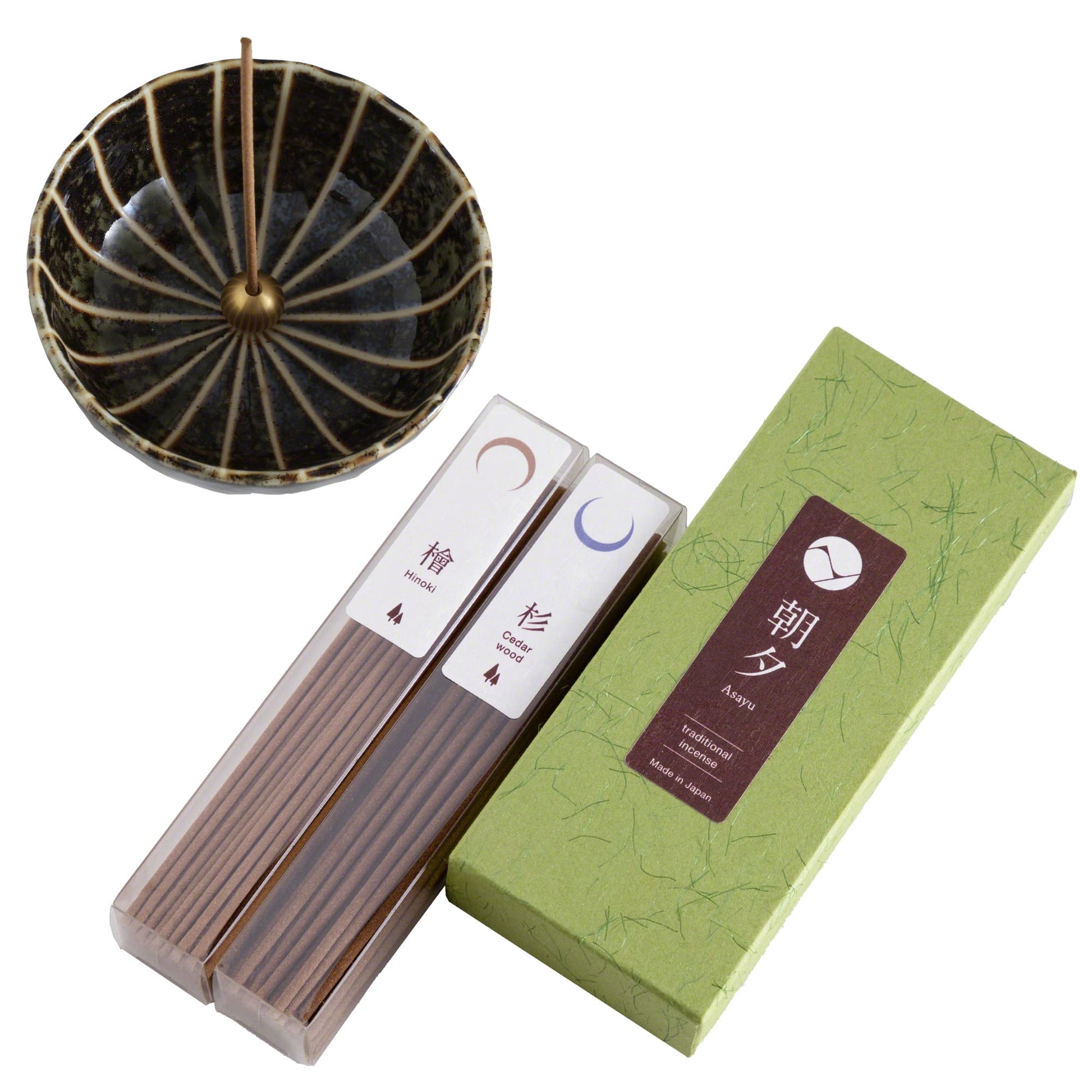 [ Free Shipping all over the US ]  100% Made in Japan Traditional Incense Gift Set  [ Forest Set (Hinoki Cypress & Cedar Wood)  + Green Lotus Incense Holder ]|| Japanese Incense Sticks || Incense holder and burner stand || Incense for Yoga and Meditation