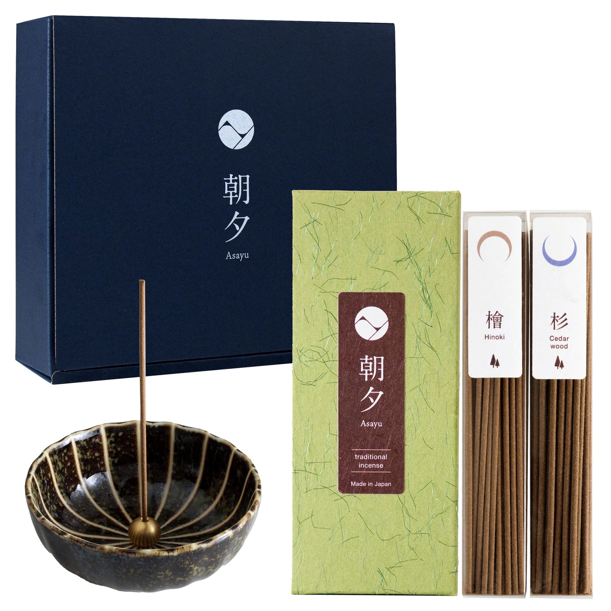 [ Free Shipping all over the US ]  100% Made in Japan Traditional Incense Gift Set  [ Forest Set (Hinoki Cypress & Cedar Wood)  + Green Lotus Incense Holder ]|| Japanese Incense Sticks || Incense holder and burner stand || Incense for Yoga and Meditation