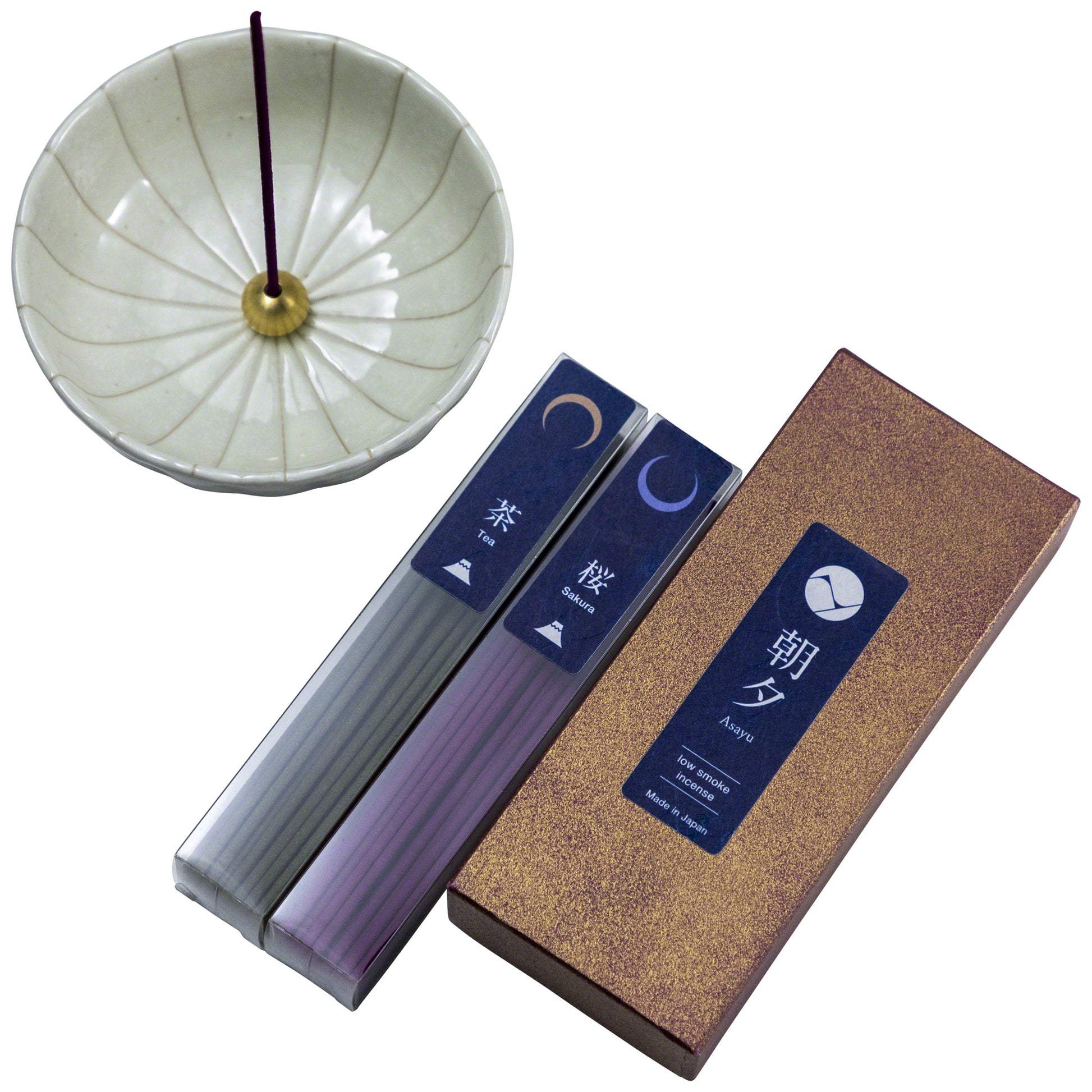 [ Free Shipping all over the US ]  100% Made in Japan Low Smoke Incense Gift Set [ Japan Set (Sakura & Green Tea)  + White Lotus Incense Holder ] || Low Smoke Japanese Incense Sticks || Incense holder and burner stand || Incense for Yoga and Meditation