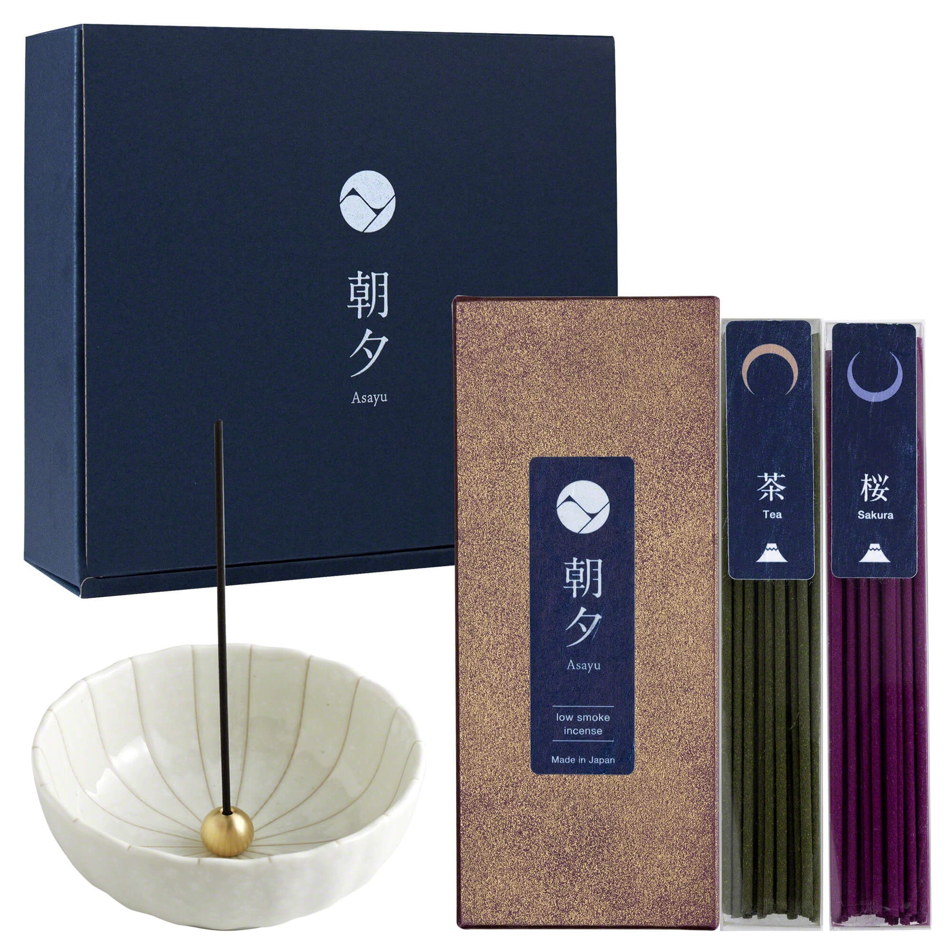[ Free Shipping all over the US ] 100% Made in Japan Low Smoke Incense Gift Set [ Japan Set (Sakura & Green Tea) + White Lotus Incense Holder ] || Low Smoke Japanese Incense Sticks || Incense holder and burner stand || Incense for Yoga and Meditation