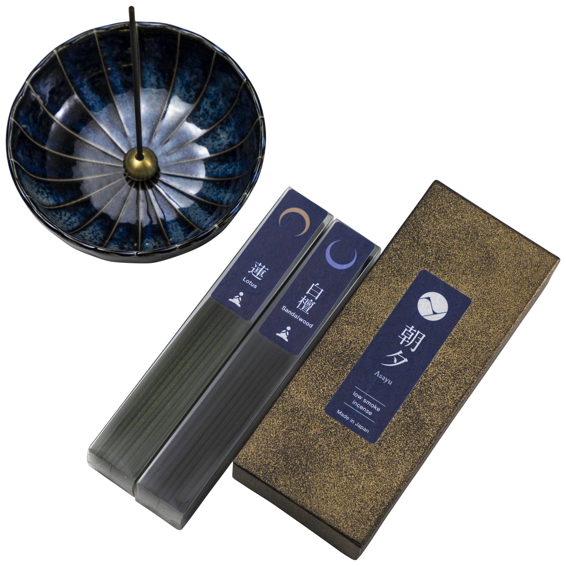 [ Free Shipping all over the US ]  100% Made in Japan Low Smoke Incense Gift Set [ Yoga Set (Lotus & Sandalwood) + Navy Blue Lotus Incense Holder ] || Low Smoke Japanese Incense Sticks || Incense holder and burner stand || Incense for Yoga and Meditation