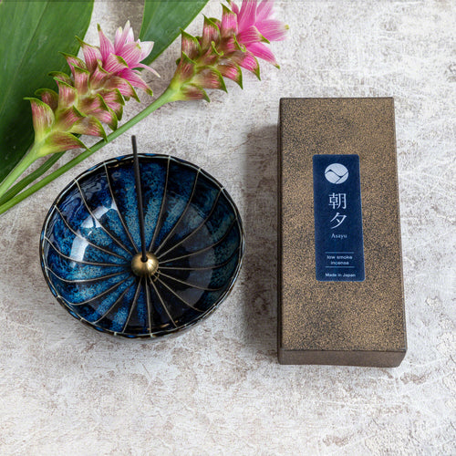 [ Free Shipping all over the US ]  100% Made in Japan Low Smoke Incense Gift Set [ Yoga Set (Lotus & Sandalwood) + Navy Blue Lotus Incense Holder ] || Low Smoke Japanese Incense Sticks || Incense holder and burner stand || Incense for Yoga and Meditation
