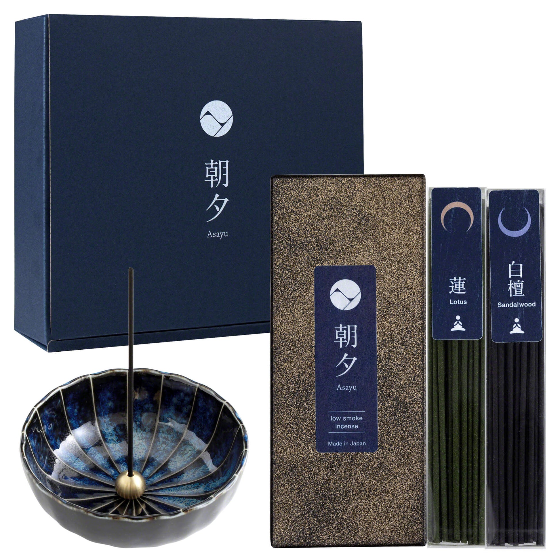 [ Free Shipping all over the US ] 100% Made in Japan Low Smoke Incense Gift Set [ Yoga Set (Lotus & Sandalwood) + Navy Blue Lotus Incense Holder ] || Low Smoke Japanese Incense Sticks || Incense holder and burner stand || Incense for Yoga and Meditation